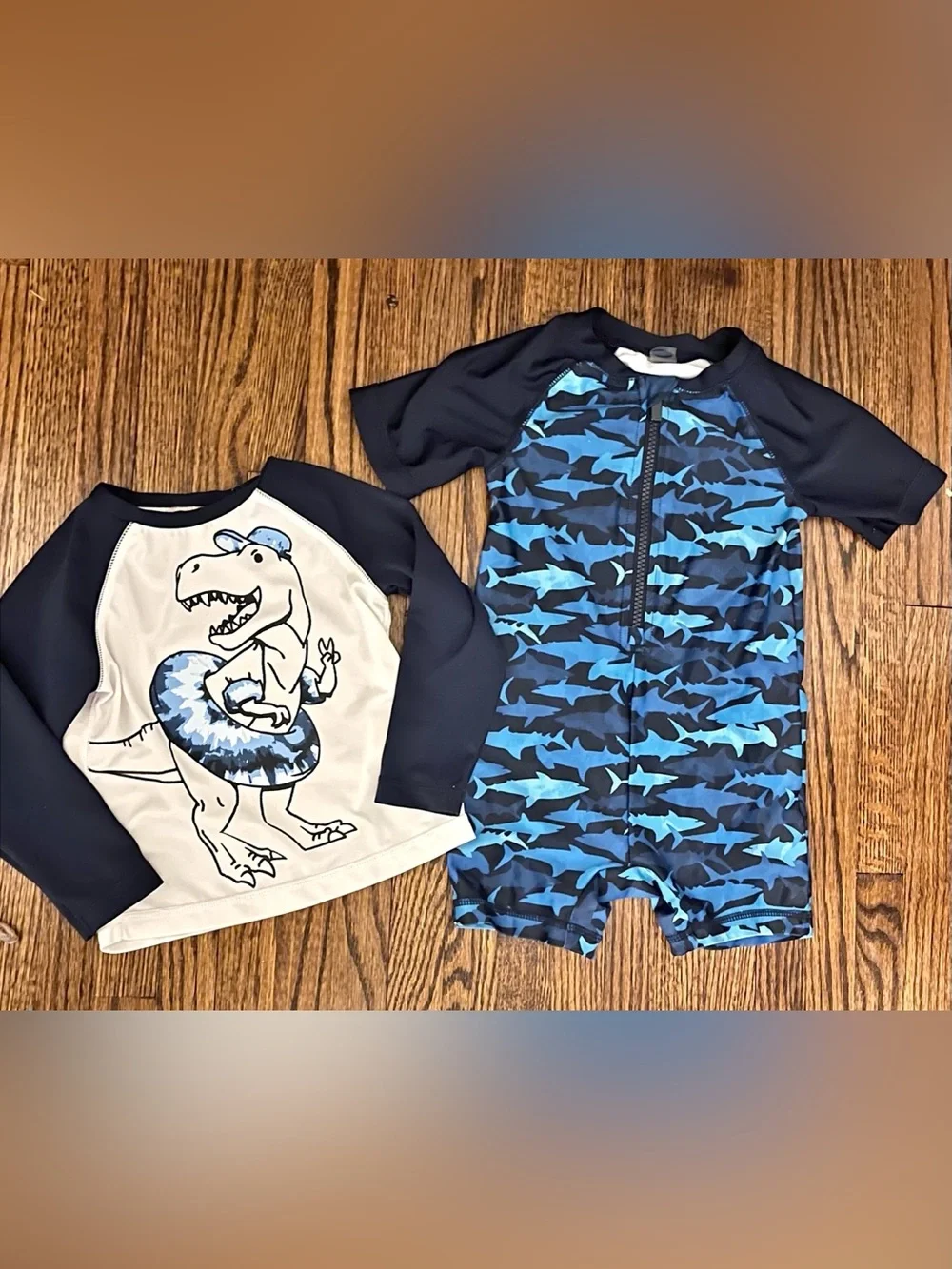 Old Navy Boys Swim Set - Blue Shark Print One-Piece and Dinosaur Rash Guard